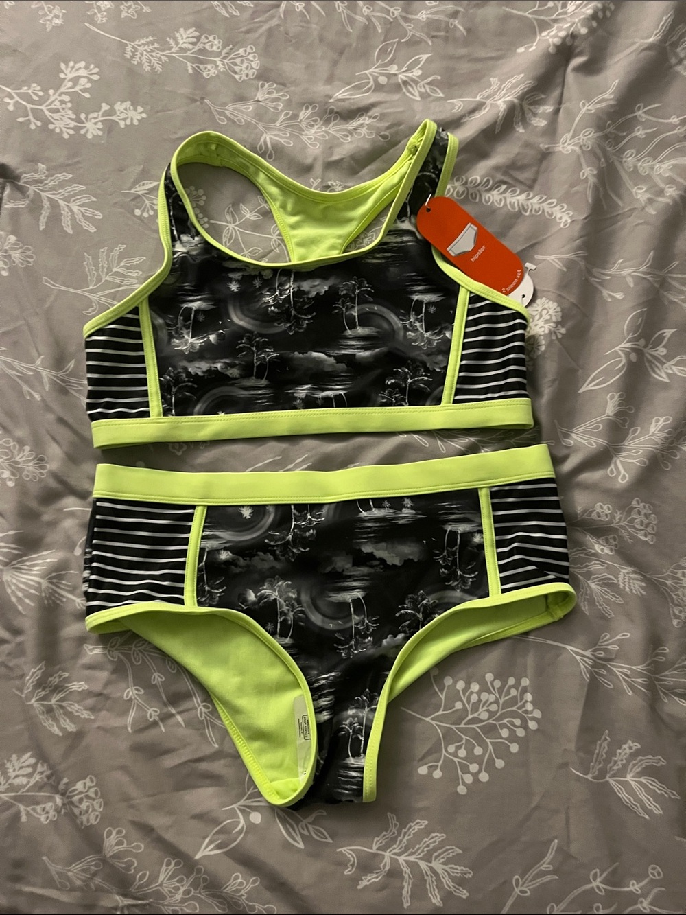 wonder nation Black & Neon Lime Girls Two-Piece Swim Set